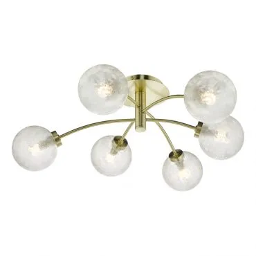 Avari Satin Brass 6 Light Semi Flush With Clear Frosted Glass